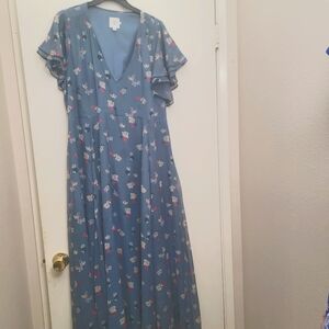 Blue Flutter Sleeve Maxi Dress